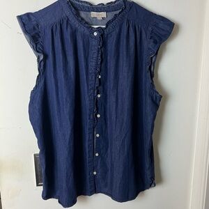 LOFT Dark Blue Ruffle Trim Blouse